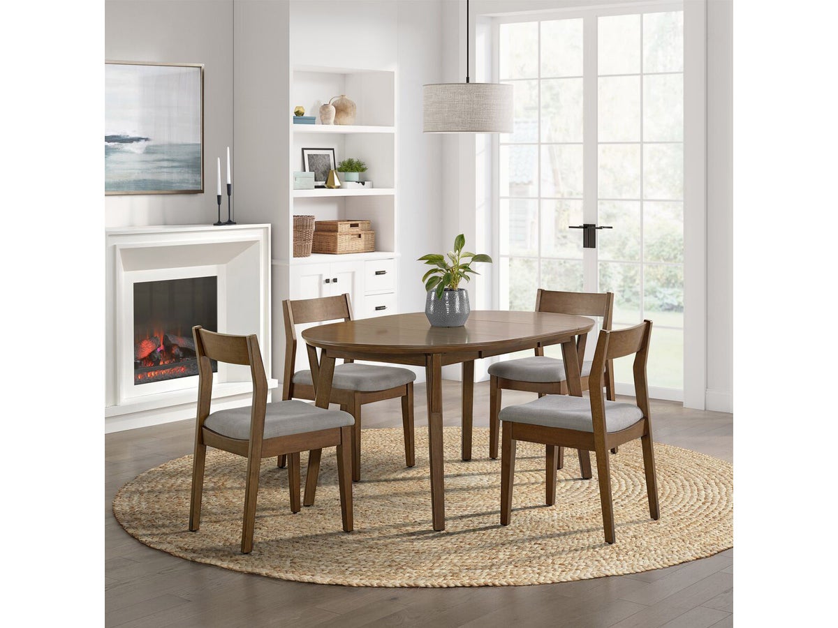 Rayven round walnut-finished dining table with four upholstered chairs